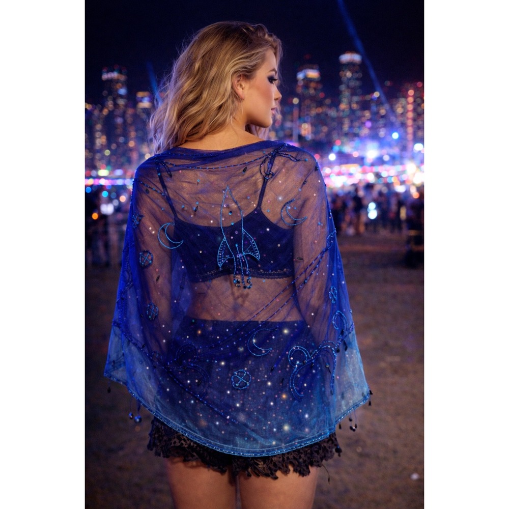 Sterling‎ Styles Y2K Beaded Celestial Sheer Scarf Rocket Moon Star Wrap